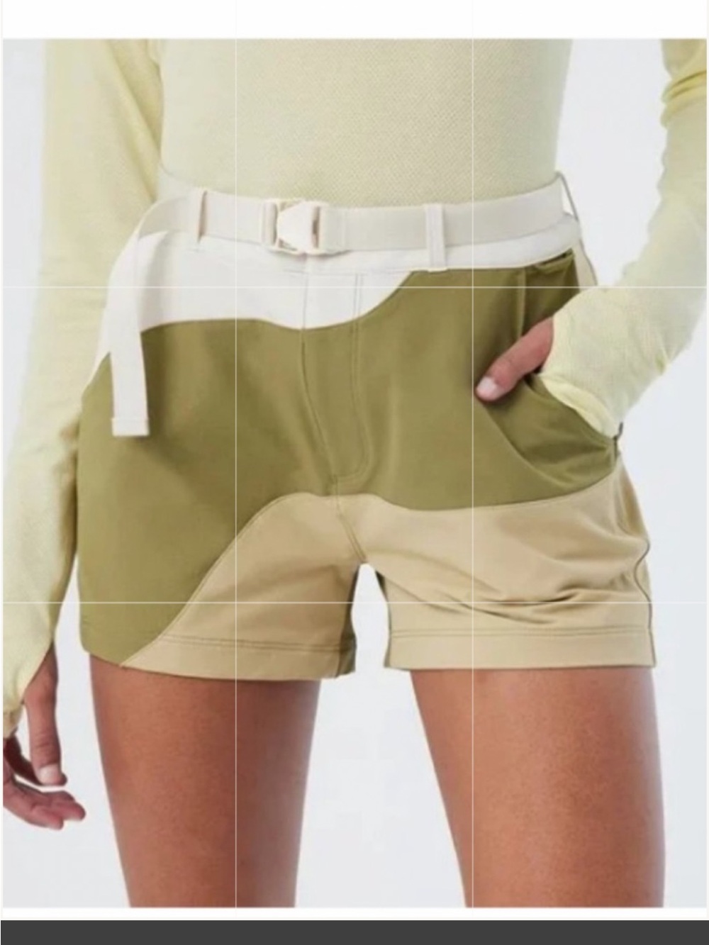 Outdoor Voices Olive Green & Cream Colorblock Athletic Shorts with Belt